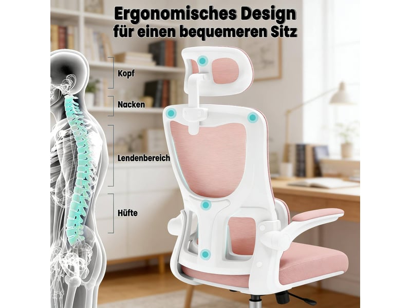 Chaise de bureau rose à dossier haut avec appuie-tête réglable, accoudoirs rabattables et fonction basculante  - Conforama D