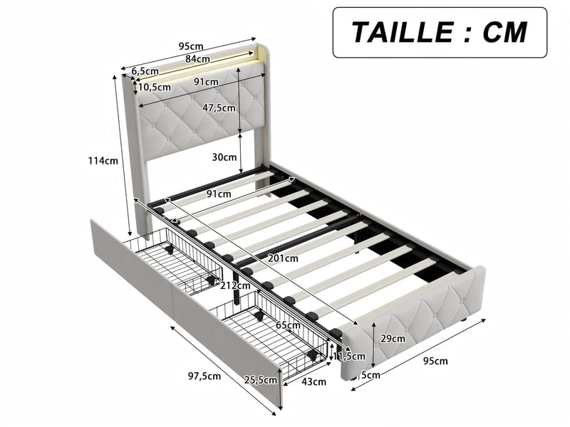  Lit 2 places 90x200 cm - avec éclairage led - tête de lit avec étagère - similicuir pu beige - sommier à lattes inclus  - Conforama C
