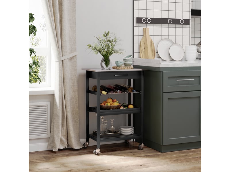  Chariot de service desserte de cuisine table roulantes avec étagère rangement bouteille 60l x 40l x 85h cm noir plateau en acier inox.  - Conforama D