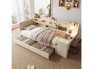 Lit avec rangement 90x200 cm <strong>MERAX</strong>  <strong>lit enfant beige</strong> coloris beige