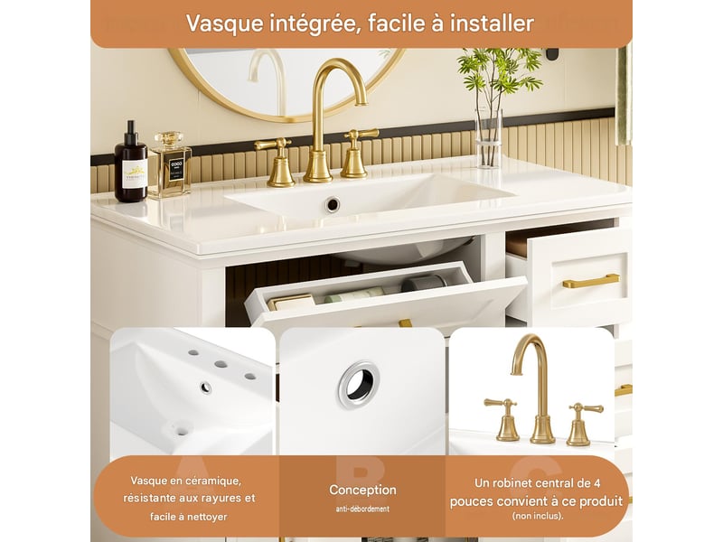  Meuble sous-vasque avec vasque en céramique 2 portes blanc 90 x 46 x 87 cm NK000109AAG - Conforama E