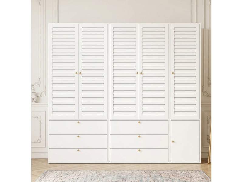 Armoire 5 portes avec 6 tiroirs 225x50x200 cm en panneau de particules blanc  - Conforama W