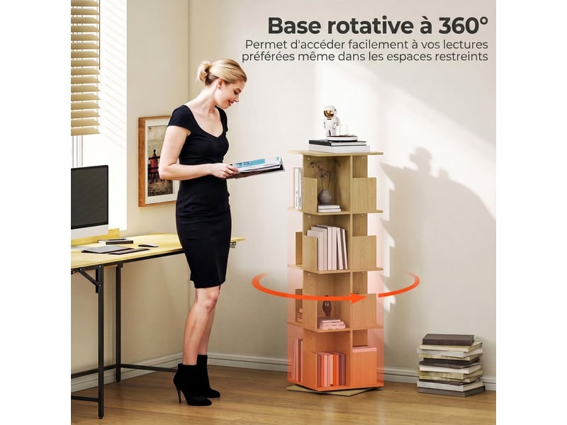  Bibliothèque rotative 360° à 4 niveaux 39 x 39 x 128,3 cm chêne  - Conforama D