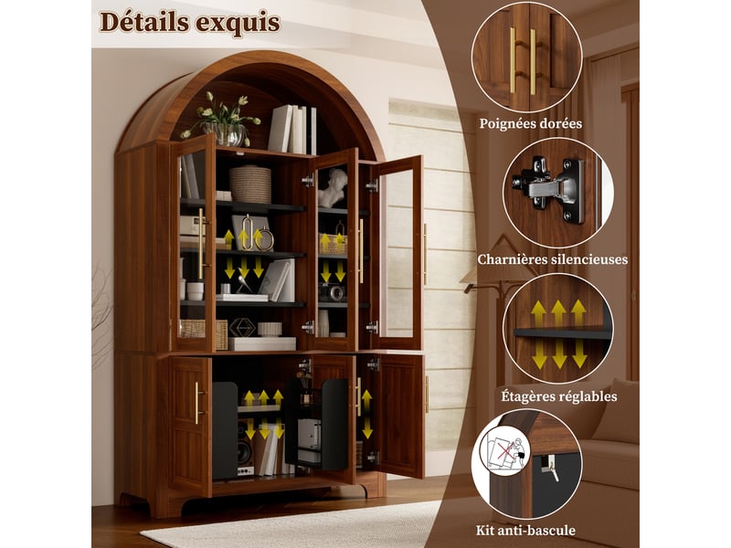  Buffet haut 110x40x185 cm avec vitrine 3 portes vitrées, niche arche, rangement fermé et étagères réglables - noyer  - Conforama E