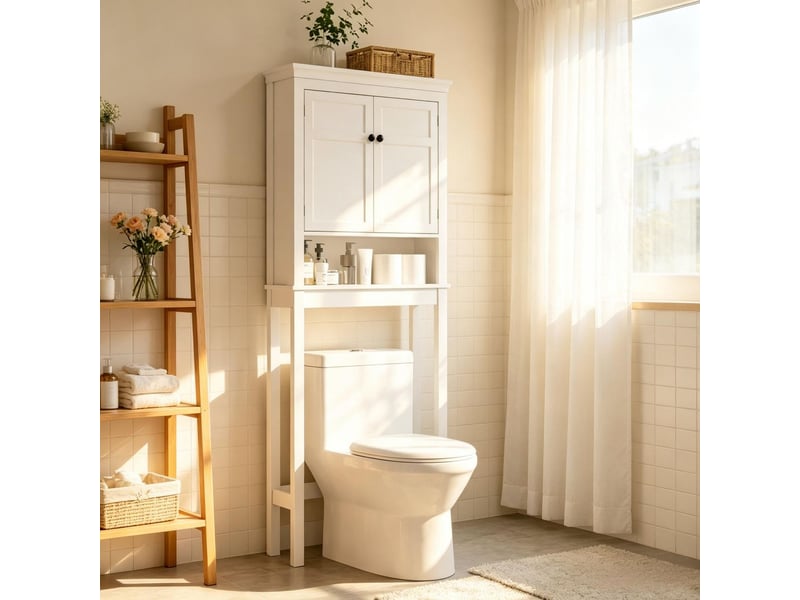 Colonne de salle de bain rangement optimisé blanc panneaux mdf 2 portes étagère ouverte rangement organisé système anti-basculement - Conforama B