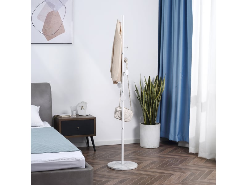  Porte-manteau en acier avec 8 crochets et base ronde en marbre, 35 x 35 x 170 cm, blanc  - Conforama C