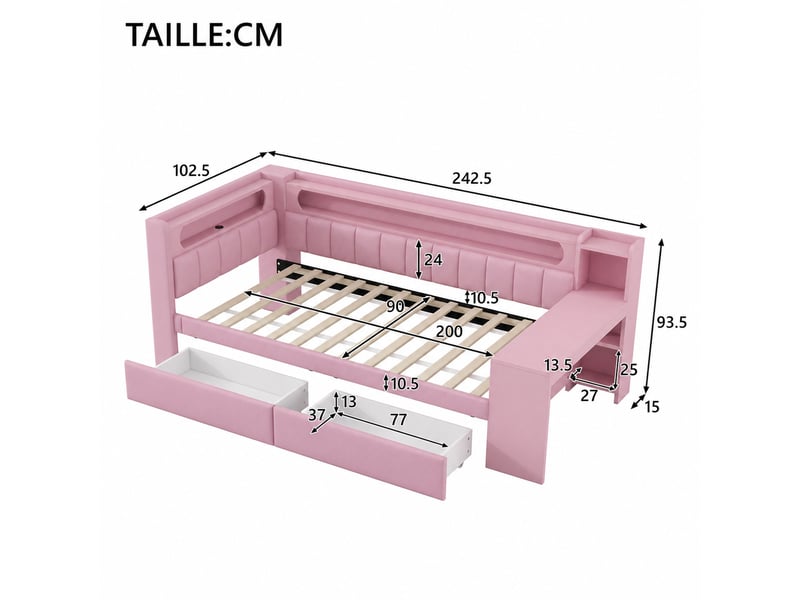  Lit banquette simple 90x200 cm en tissu avec bureau, 2 tiroirs, usb et led, matelas de 10 à 12 cm recommandé, rose  - Conforama D