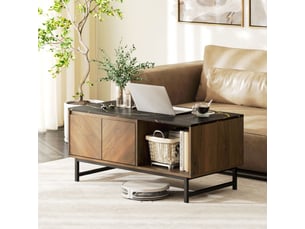 Table basse, table de salon, plateau effet marbre, 2 portes et 2 niches ouvertes, noyer, 100 x 50,8 x 45,7 cm