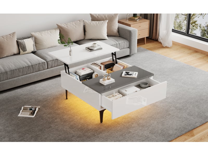  Table basse relevable avec rangement, tiroir et led pour salon en mdf 70×70×35 cm blanc et gris  - Conforama C