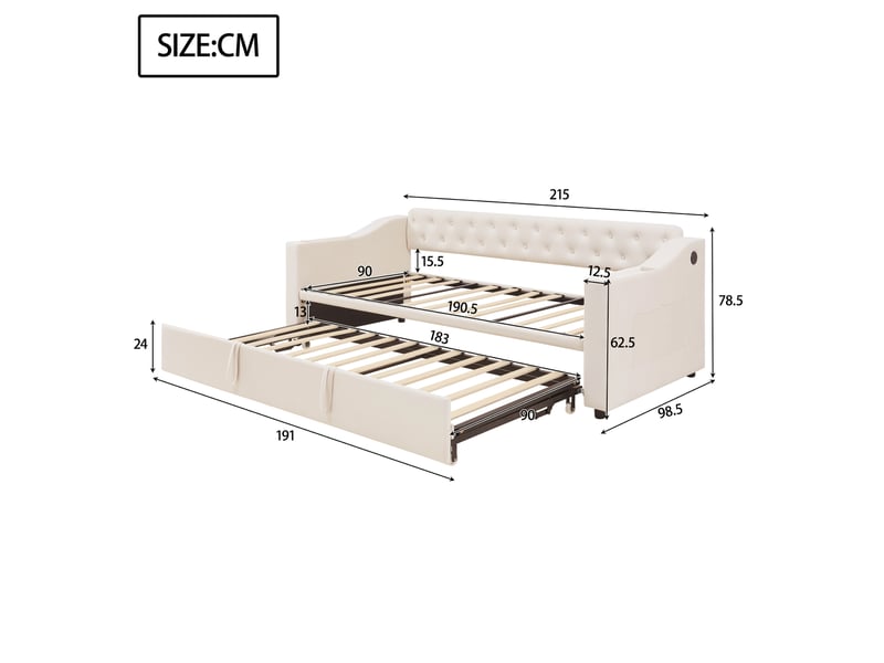  Canapé-lit velours beige 90x180-190 cm – usb intégré, rangements et poches latérales  - Conforama C