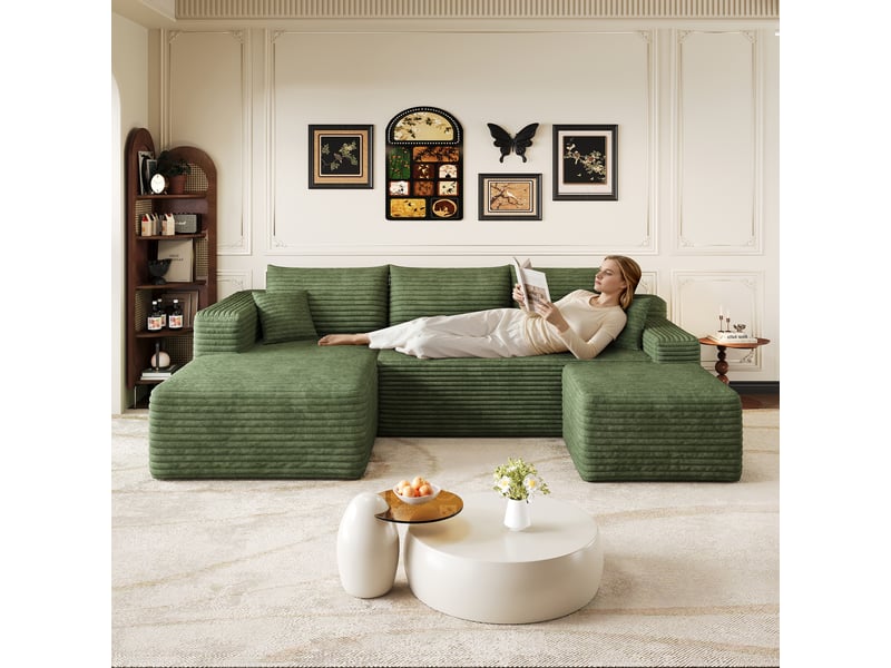  Canapé d’angle vert 4 places en velours côtelé, canapé moderne 241 cm avec méridienne pour salon, assise profonde et confortable  - Conforama D