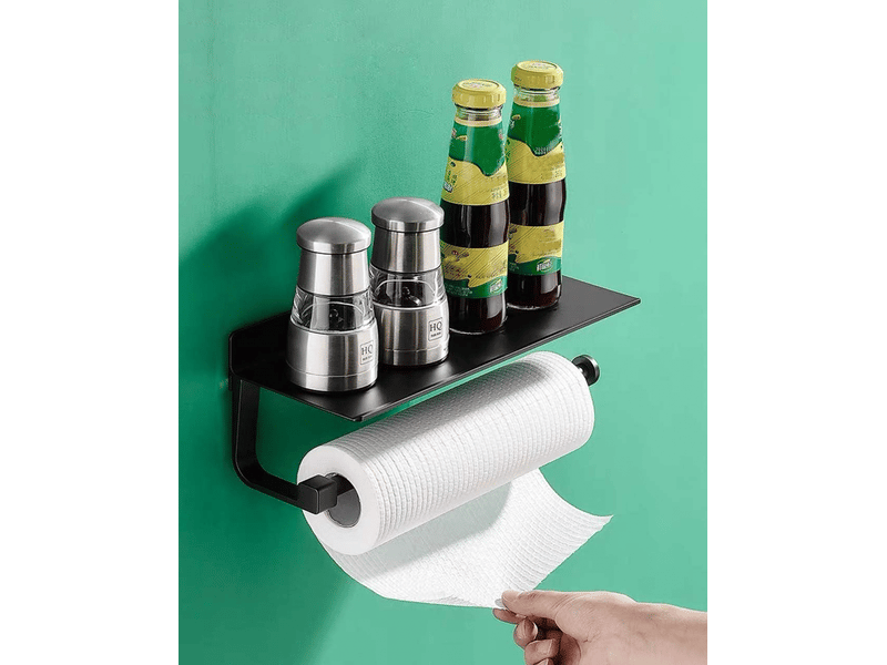  Porte-essuie-tout avec étagère, montage mural, adapté au rangement de la cuisine et de la salle de bain, noir (33 x 8,5 x 8,2 cm)  - Conforama C