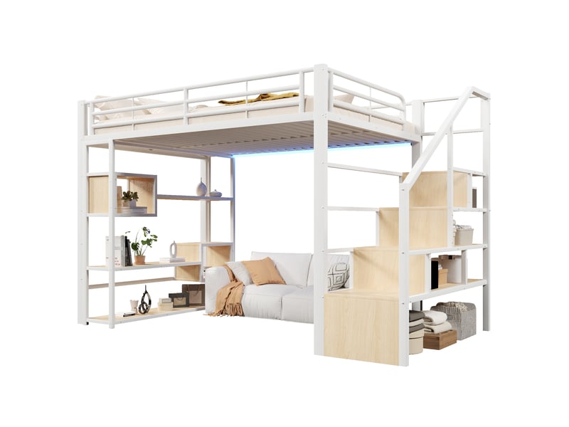  Lit mezzanine 140x200 cm, lit enfant, rangement, échelle sécurisée, barrière antichute, led, bois et métal blanc  - Conforama W