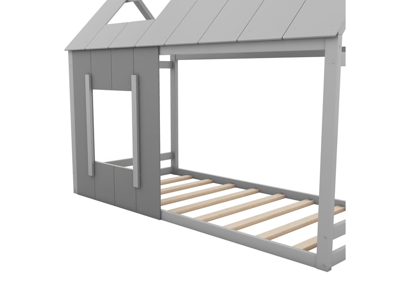  Lit cabane enfant 200×90 cm avec toit et fenêtre, en pin et mdf gris, structure ouverte à décorer  - Conforama E
