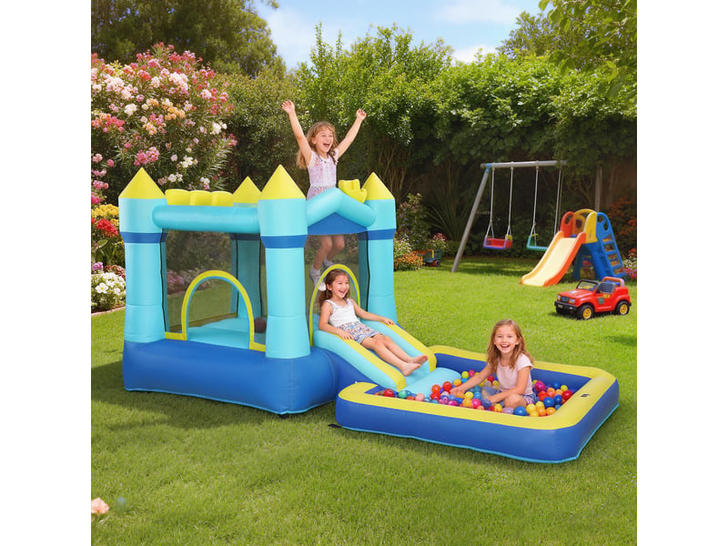  Château gonflable pour enfants avec souffleur, toboggan, trampoline, piscine et panier de basket pour les enfants de 3 à 8 ans, bleu  - Conforama D