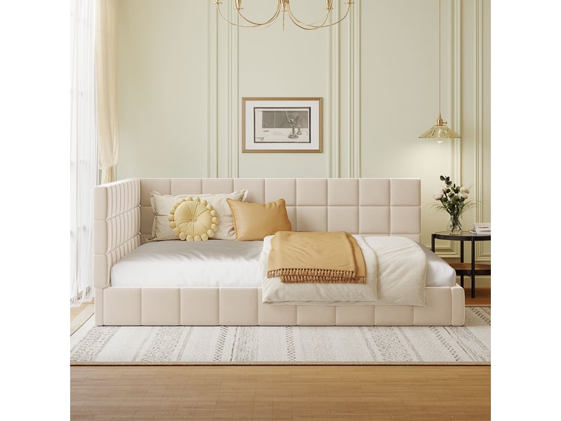  Lit banquette enfant rembourré 140 x 200 cm avec sommier à lattes, velours, beige Fay Lum - Conforama D
