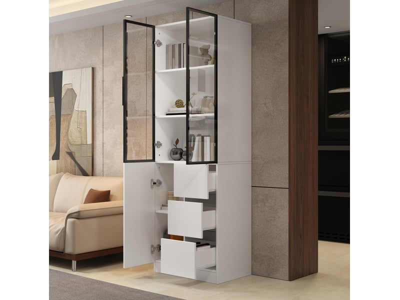  Vitrine tcqpz 60 x 40 x 180 cm avec portes vitrées, éclairage led contrôlable par application, panneaux de particules blanc  - Conforama D