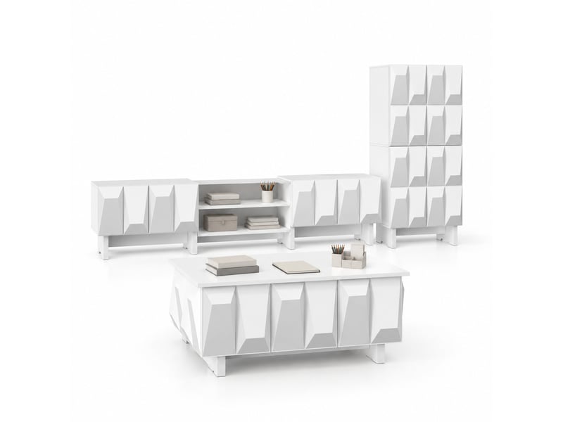  Ensemble meubles de salon 3 pièces blanc en panneau de particules, façades géométriques 3d et rangements intégrés  - Conforama A