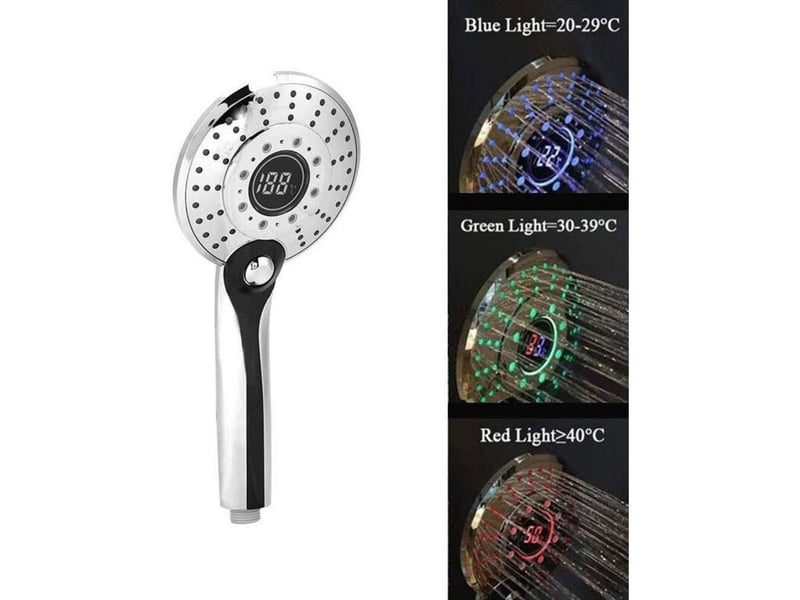 Pommeau de douche led à trois couleurs, écran numérique avec capteur de température, trois modes d’eau, douchette adaptable universelle  - Conforama C