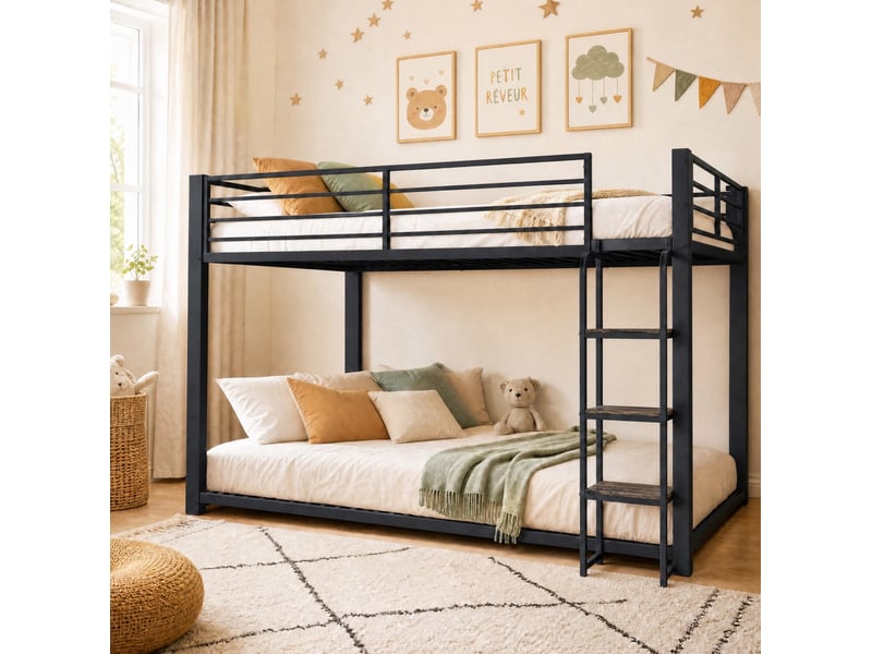 Lit superposé 140 × 200 cm en métal avec marches en mdf, barrières de sécurité et rangement, chambre enfant, noir - Conforama E