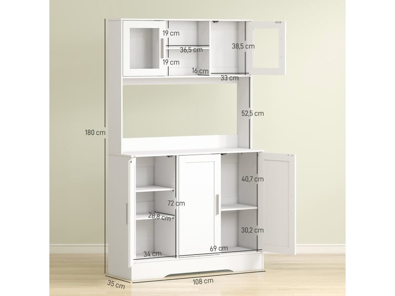 Vaisselier scandinave blanc, buffet de cuisine haut avec portes vitrées, meuble de rangement micro-ondes, étagères réglables, 108x35x180 cm - Conforama C
