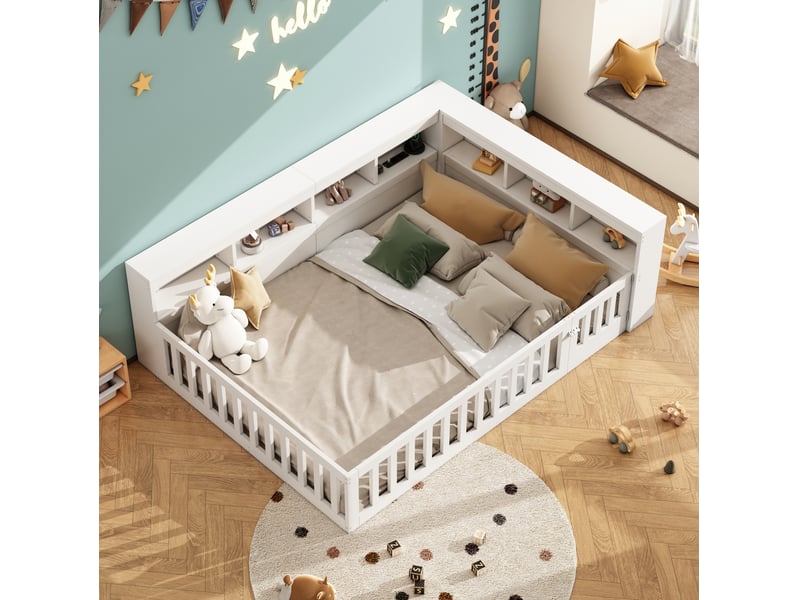 Lit enfant 140x190cm, sommier, garde-corps, tête de lit, port usb, rangement inclus, aggloméré, blanc, sans matelas - Conforama E