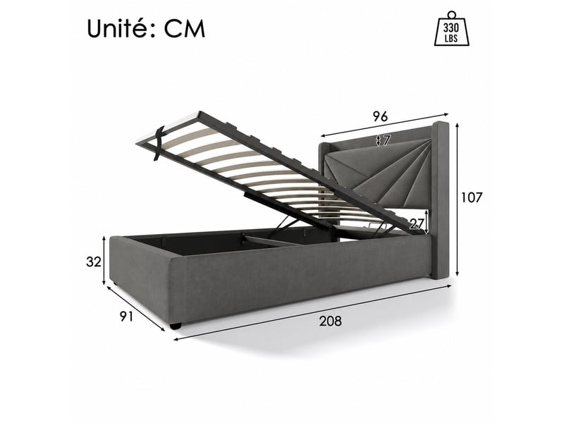  Lit coffre gris en coton et lin, lit simple avec usb, type-c et matelas à ressorts inclus, 90×200 cm  - Conforama D