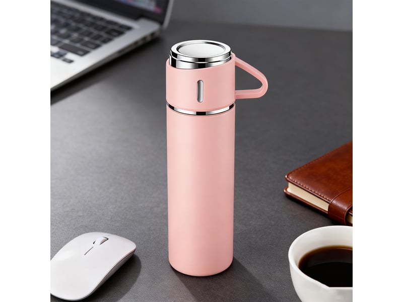Bouteille isotherme 500ml, inox 304, avec tasse, rose - Conforama C