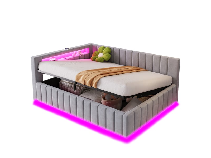  Lit coffre rembourré 2 places 140x200 cm avec rangement hydraulique, led, usb, tête de lit et dossier rembourrés, sommier à lattes, velours gris clair  - Conforama A
