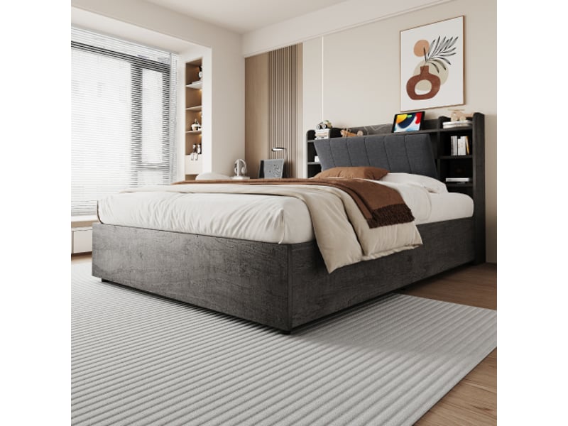  Lit en bois 180x200 cm avec tête de lit de rangement, lit hydraulique, ports usb et usb-c, gris, sans matelas  - Conforama D