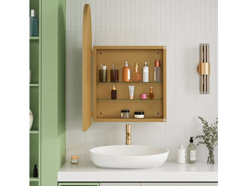  Armoire de toilette miroir arquée 91x61x12 cm, murale ou encastrable, 2 tablettes en verre, métal doré  - Conforama D