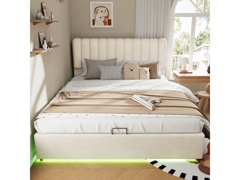  Lit coffre rembourré modenvie 140 x 200 cm avec rangement hydraulique, 3 tiroirs, éclairage led et revêtement en velours beige  - Conforama E