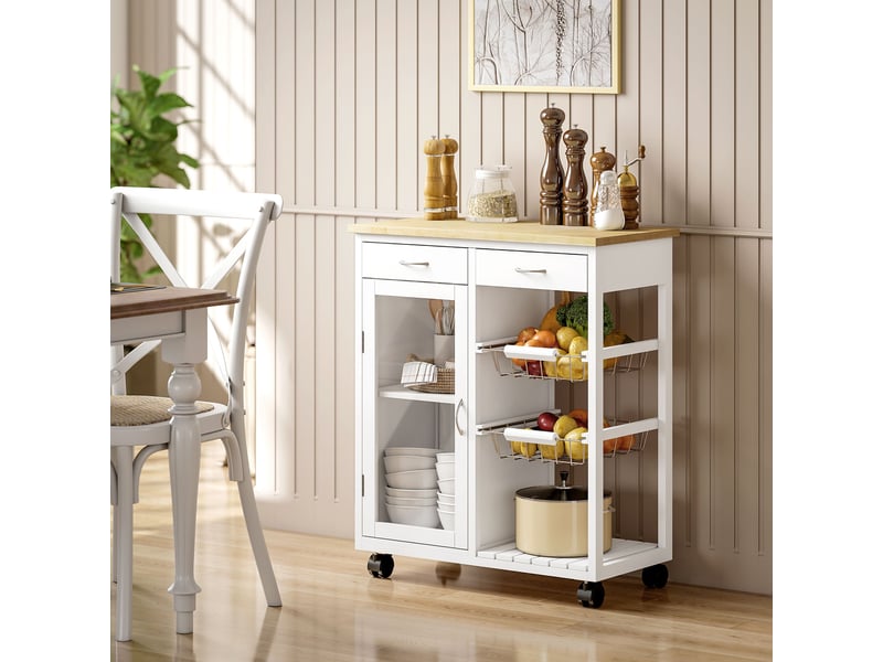  Desserte de cuisine à roulettes, îlot central cuisine avec plateau en bambou, 67 x 35 x 80 cm, porte vitrée, blanc  - Conforama D