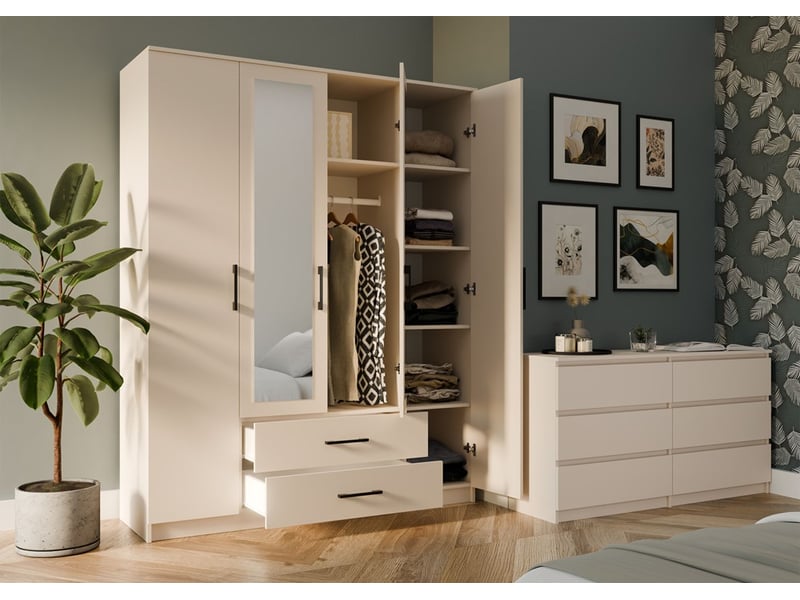 Roma - grande armoire de chambre 4 portes avec 2 miroirs - 160x52x205 cm - 2 tiroirs - armoire avec penderie  - Conforama D