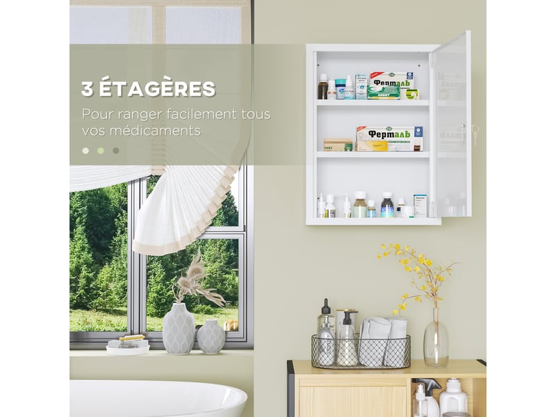  Armoire à pharmacie murale en acier, armoire à médicaments à 3 niveaux porte verrouillable 2 clés, blanc, 40x15x53,5cm  - Conforama E
