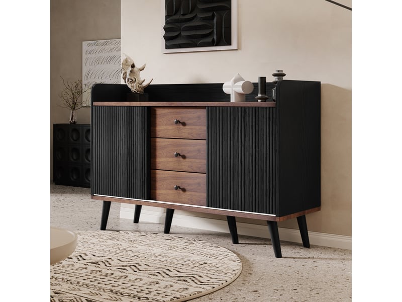  Buffet noir et bois avec 3 tiroirs et portes coulissantes rayées, meuble de rangement moderne pour salon, 117,5x40x80 cm  - Conforama R