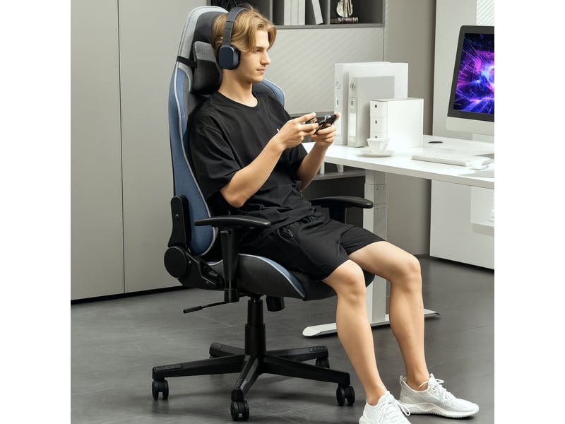 Chaise de gaming inclinable à 150° avec fonction bascule en tissu effet lin grise dimensions 66x53x128-138 cm - Conforama D
