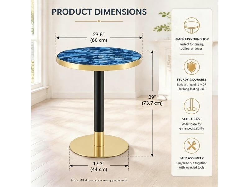  Table d’appoint ronde, table basse moderne table salon plateau marbre bord doré, design moderne, métal, coloris bleu  - Conforama C