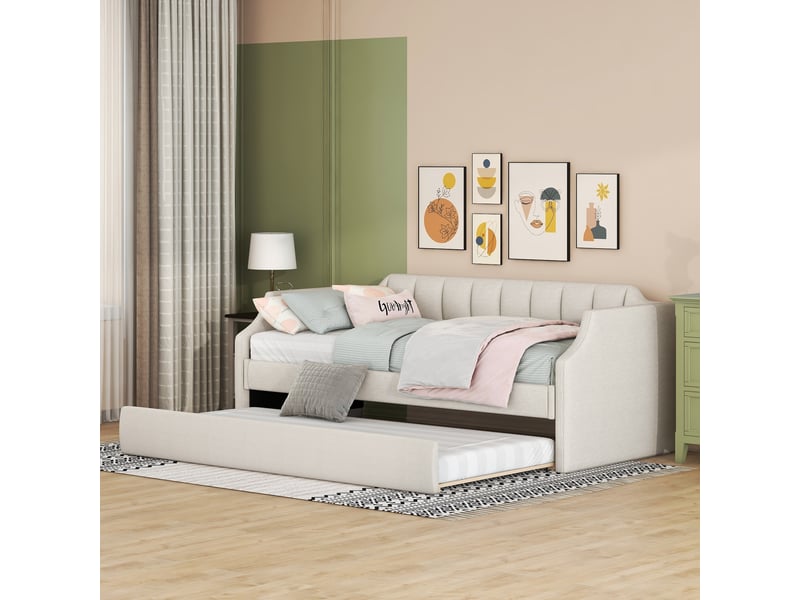  Lit enfant 90x200 cm avec lit gigogne, dossier incurvé et accoudoirs, tissu coton-lin, beige, structure bois, sans matelas  - Conforama W