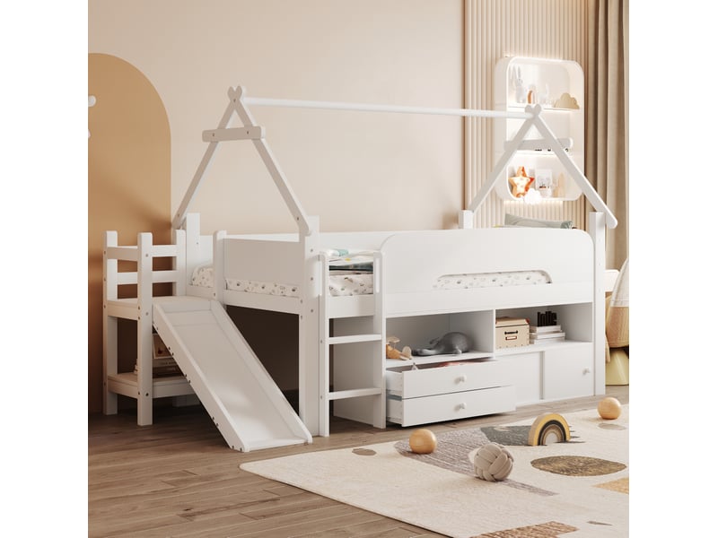 Lit enfant moderne 90 x 200 lit simple avec toit toboggan intégré rangements espace jeu sécurité bois blanc sans matelas  - Conforama W