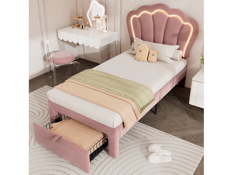 Lit enfant 90x200 cm en velours rose avec tiroir et éclairage led - Conforama D