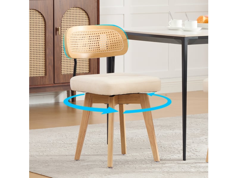  Lot de 2 chaises de salle à manger pivotantes à 360° avec dossier en rotin tressé et assise rembourrée en chenille beige  - Conforama D
