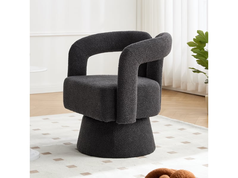  Fauteuil crapaud pivotant 360° 67x55x74cm – fauteuil tonneau lounge au design évidé avec socle en métal – tissu bouclé - anthracite  - Conforama E