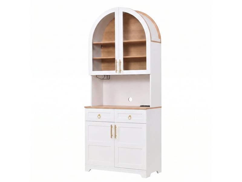  Buffet 80x40x180 cm avec vitrine en verre cintrée, éclairage led, prise intégrée et usb, 2 tiroirs, en mdf, blanc  - Conforama A