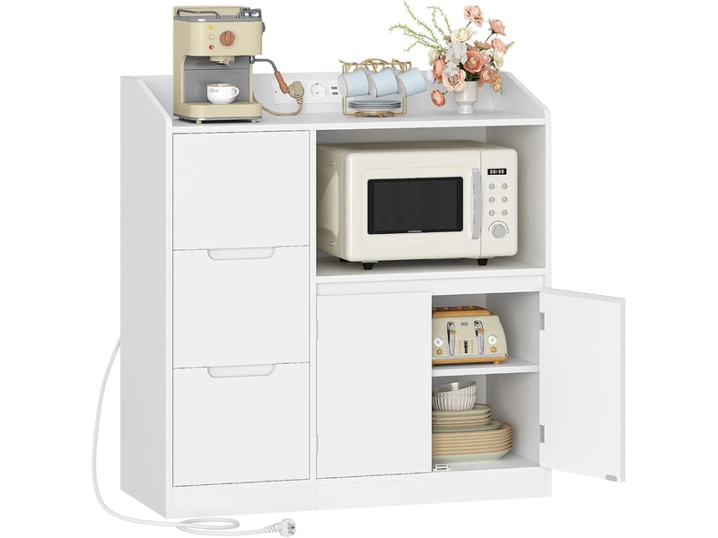  Meuble cuisine,avec plan, travail étagère pour micro-ondes, prise, 3 tiroirs et 2 portes,blanc  - Conforama A