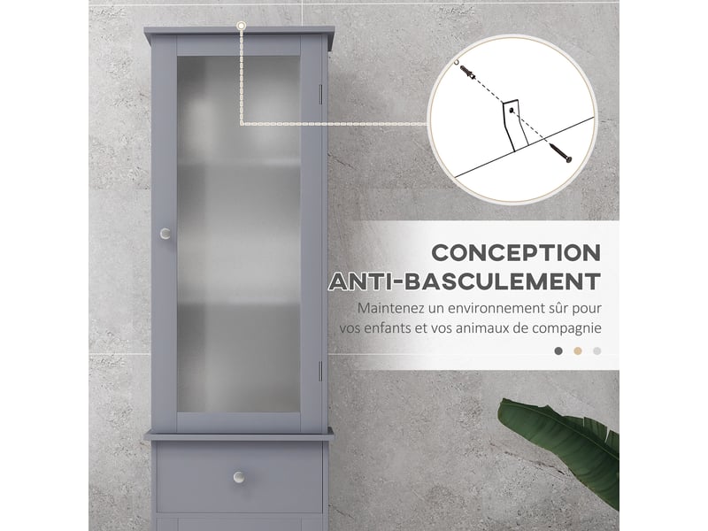 Meuble colonne de salle de bain placard porte acrylique 2 étagères porte placard 1 étagère tiroir mdf gris - Conforama W