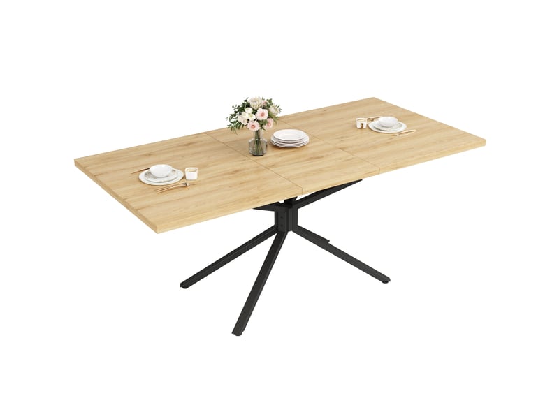 Table à manger extensible 120-160x90x75cm pour 4 à 6 personnes, plateau rectangulaire, pied étoile en métal et patins réglables, mdf, chêne clair evarich - Conforama A