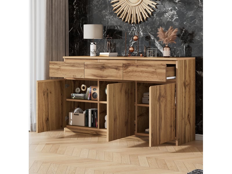  Buffet 3 portes et 3 tiroirs en bois naturel, avec rangements et étagères réglables, 135 x 40 x 81 cm  - Conforama C