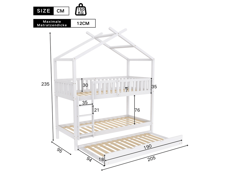  Lit superposé cabane enfant 90x200 cm avec lit gigogne blanc  - Conforama E