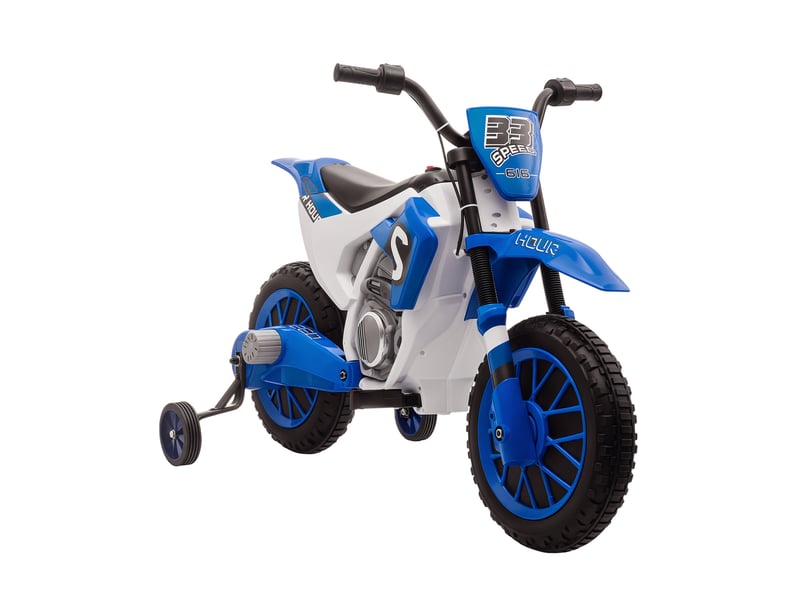 Moto électrique pour enfants de 3 ans et plus, 12 v, avec 2 roues d'équilibre, vitesse 3-8 kmh, démarrage progressif, 106,5 x 51,5 x 68 cm, bleue - Conforama A